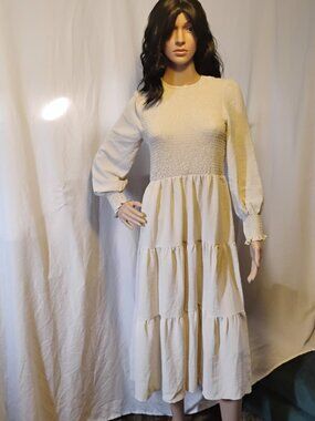 Mengpipi | Tan Tiered Maxi Dress | Medium | Balloon Sleeves | NWT